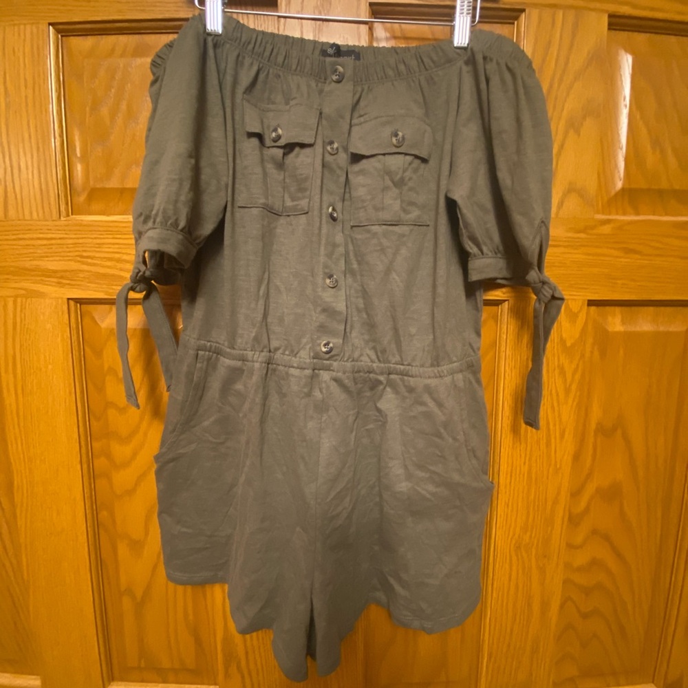 Derek Hart Olive Green Drawstring Elastic-Waist Romper With Pockets